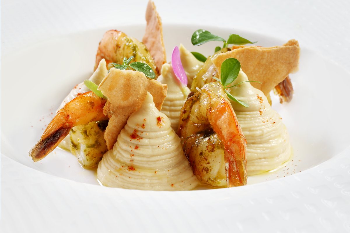Chermoula grilled prawns with cauliflower purée